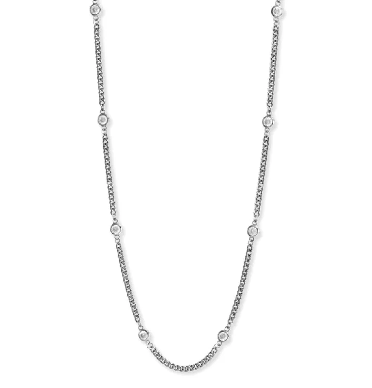 luxurious necklaces for women -Curb Chain Station Necklace with Cubic Zirconia Rhodium on Silver, Adjustable Length