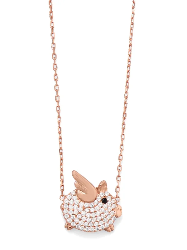 gold necklace sets for women -Flying Pink Pig Necklace with Cubic Zirconia 14k Rose Gold-plated on Sterling Silver