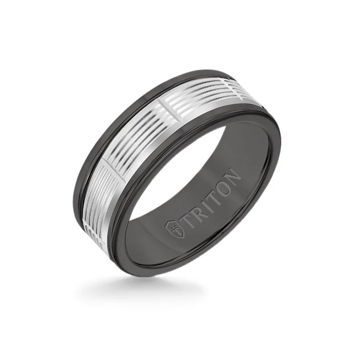 wedding rings for women -8MM Black Tungsten Carbide Ring - Serrated Vertical Cut 14K White Gold Insert with Round Edge