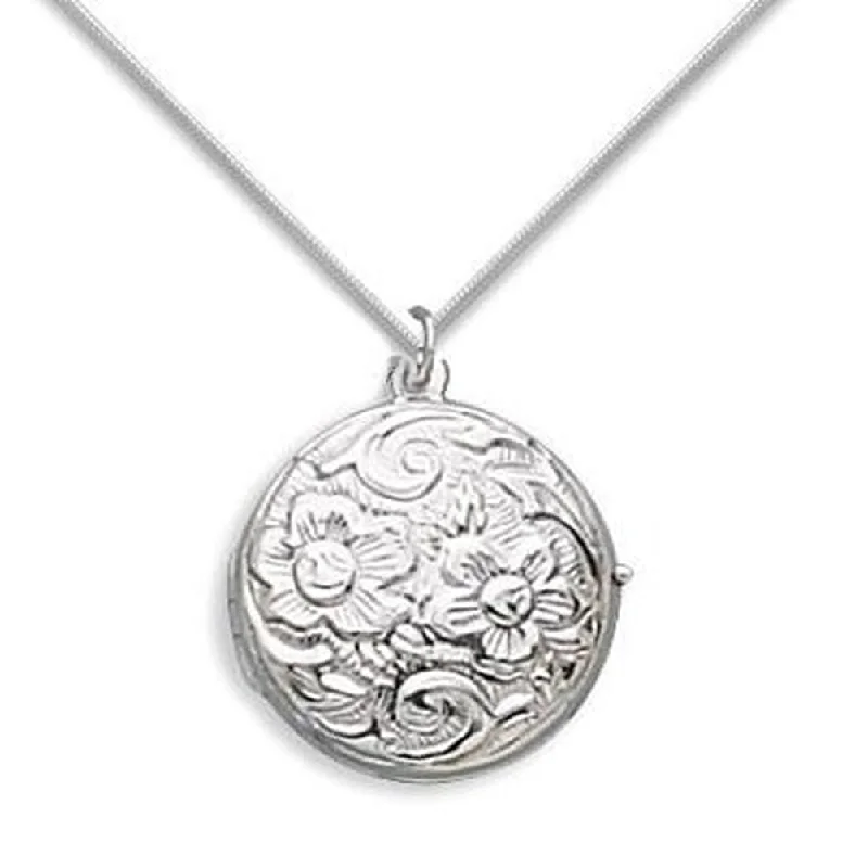 pearl necklaces for women -Round Floral Design Sterling Silver Double Picture Locket Necklace