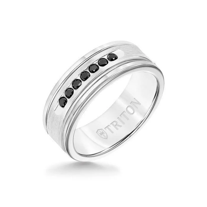 minimalist rings for women -8MM White Tungsten Carbide Ring - Black Diamonds 14K White Gold Insert with Round Edge