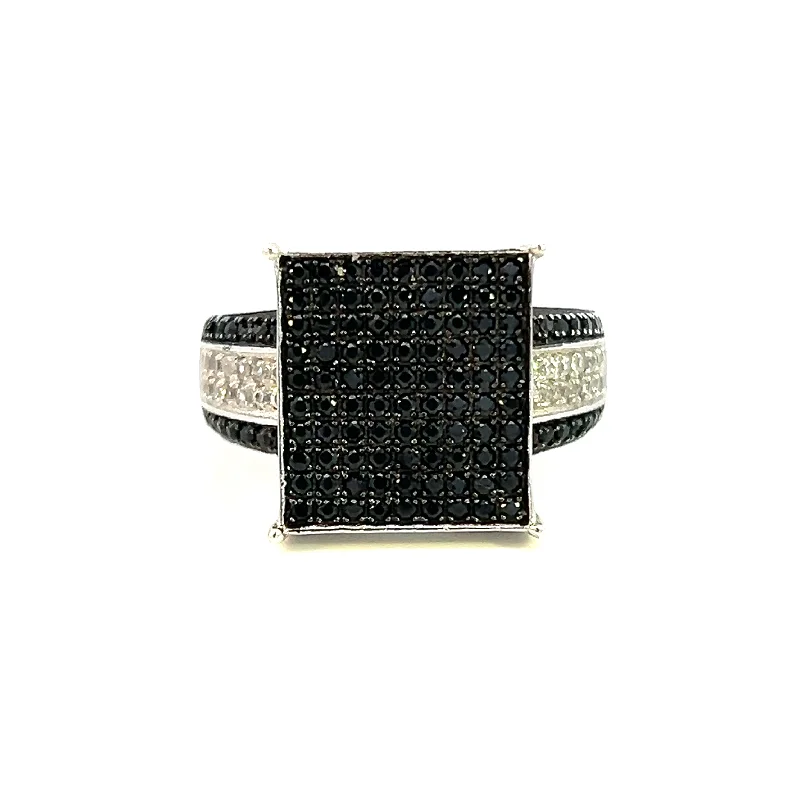 bridal rings for women -Estate Sterling Silver Black Spinel & Cubic Zirconia Square Top Cluster Ring