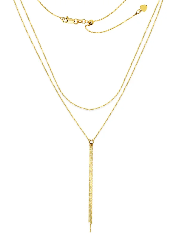 art deco necklaces for women -14k Yellow Gold Double Strand Hammered Y Style Bar Necklace Adjustable Length