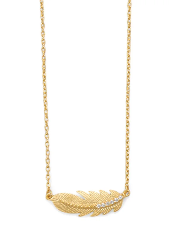 minimalist necklaces for women -Sideways Feather Necklace Gold-plated Sterling Silver Cubic Zirconia Adjustable