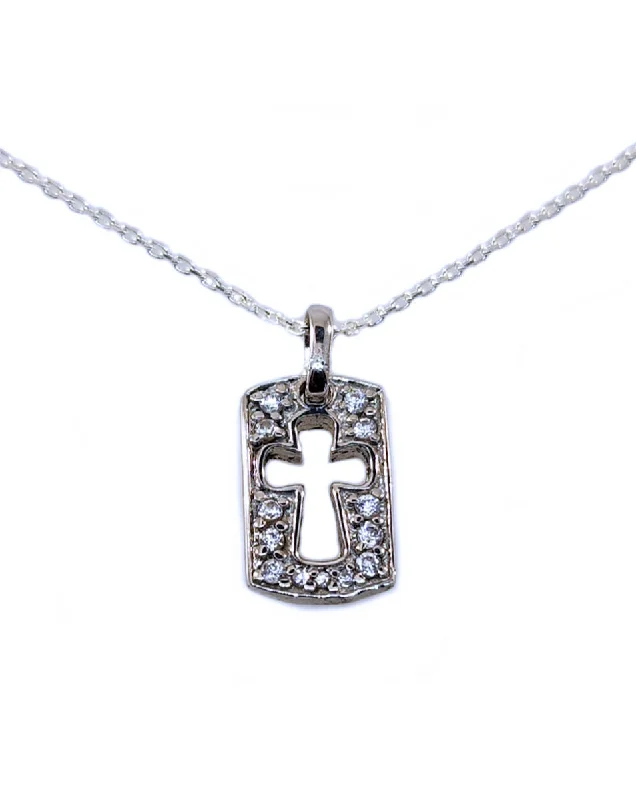 statement necklaces for women -Childrens Cross Tag Necklace with Cubic Zirconia Sterling Silver 14-inch Chain