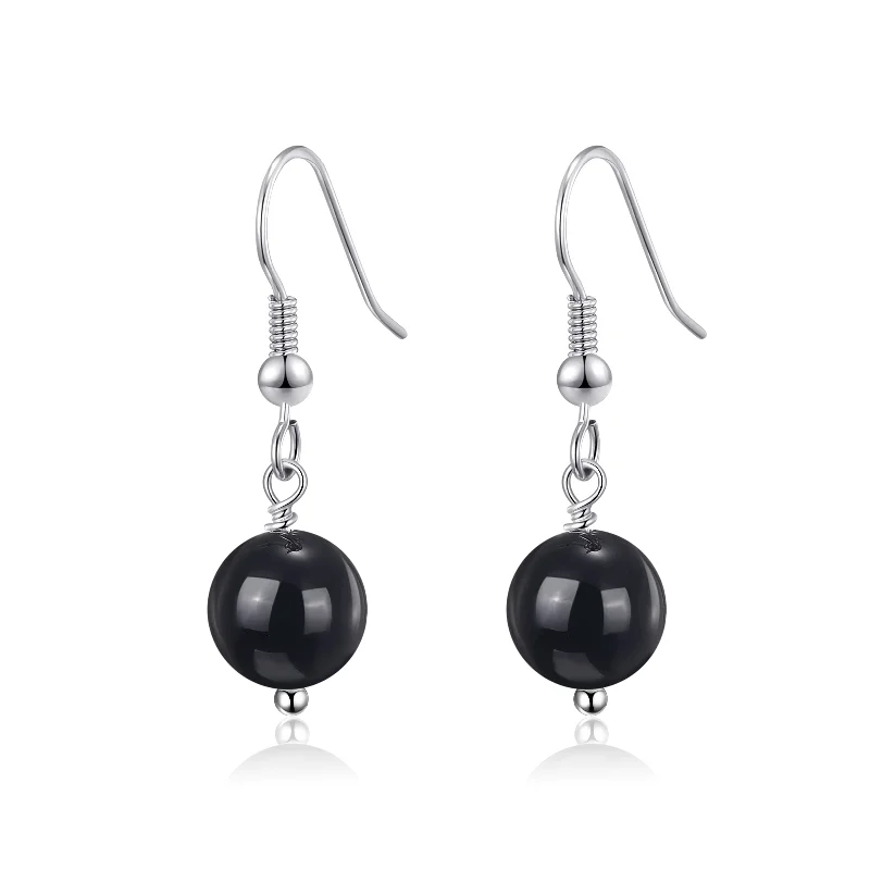 gold drop earrings for women -Black Onyx Gemstone Round Drop Earrings