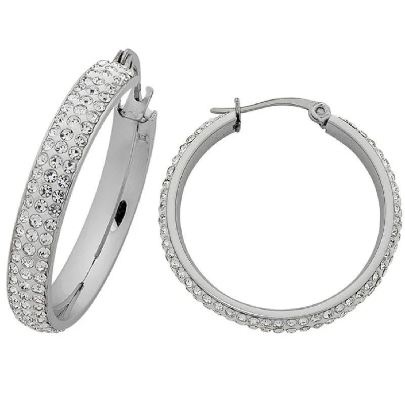 bold earrings for women -Stainless Steel Pave Crystal Hoop Earrings 30mm