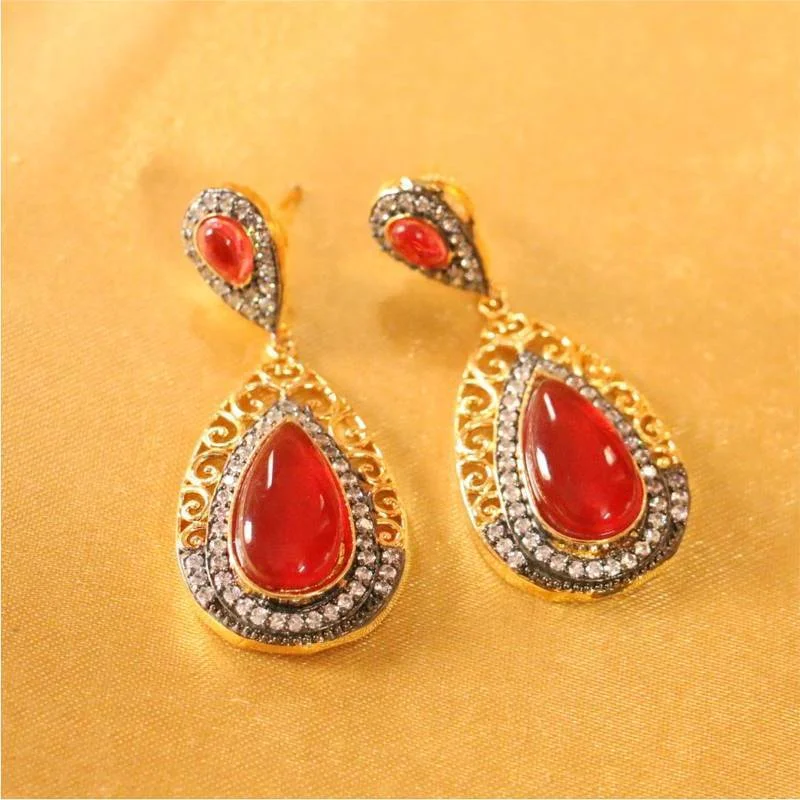 bold gold earrings for women -Beautiful ruby american diamond dangler