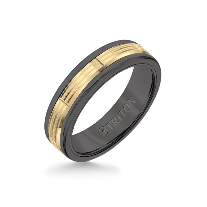 gemstone wedding rings -6MM Black Tungsten Carbide Ring - Serrated Vertical Cut 14K Yellow Gold Insert with Round Edge