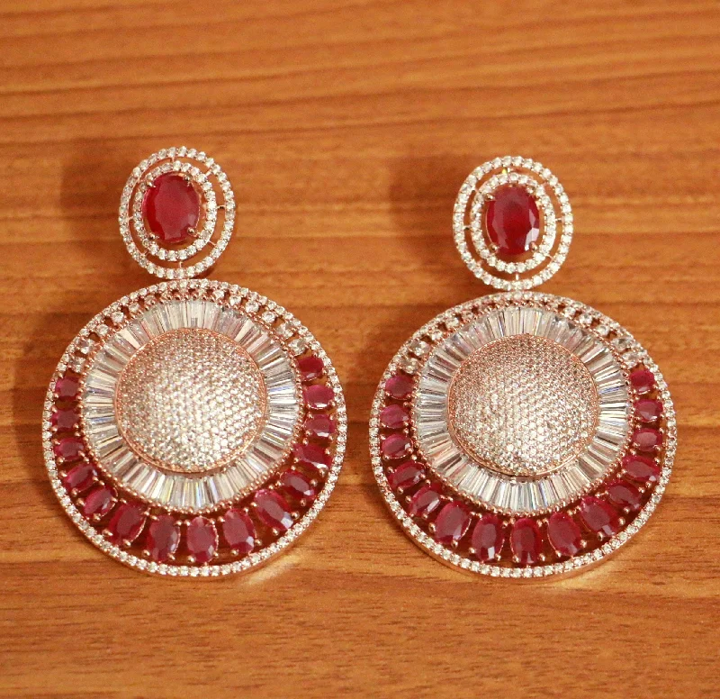 chic hoop earrings for women -Rose Gold Ruby Diamond Look Danglers