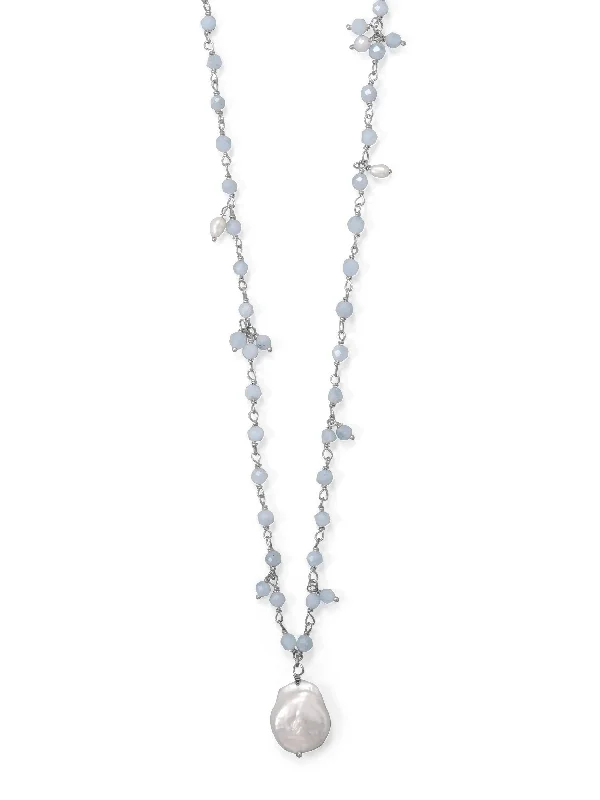 romantic necklaces for women -Aquamarine and Cultured Freshwater Pearl Drop Necklace Sterling Silver