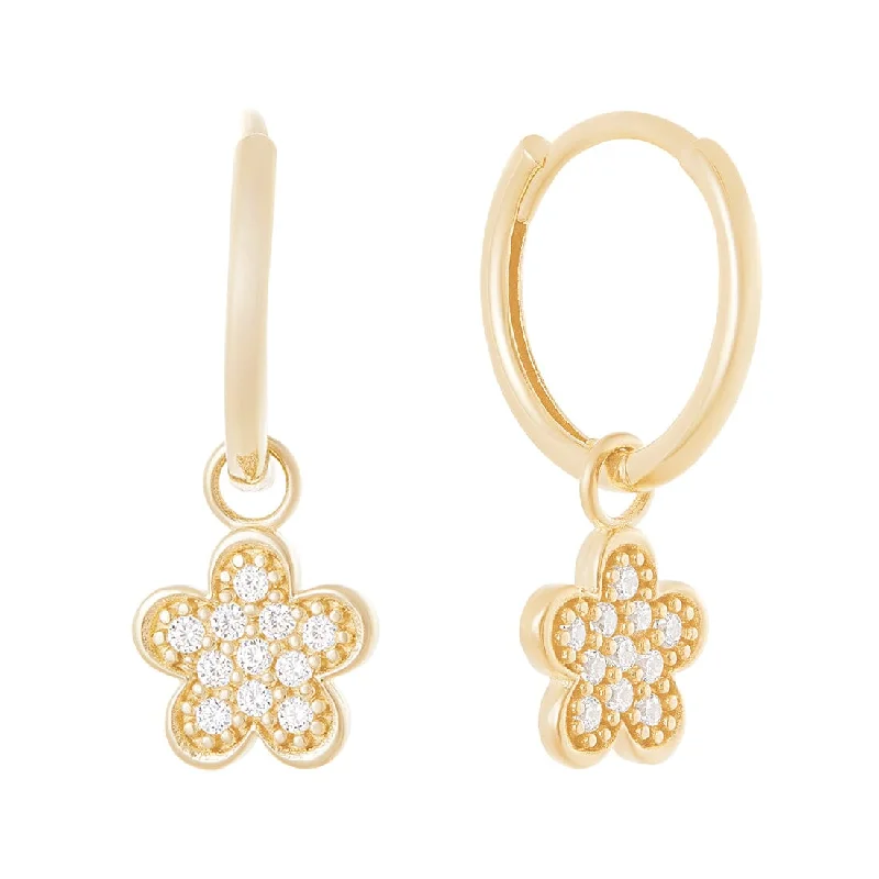 simple stud earrings for women -9ct Yellow Gold Pave Flower Charms Hoop Earrings with Cubic Zirconia