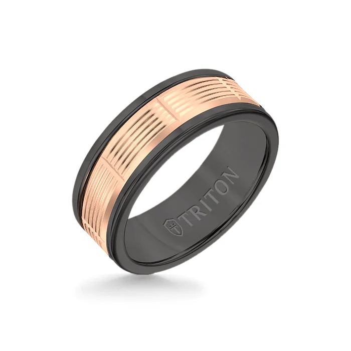 vintage rings for women -8MM Black Tungsten Carbide Ring - Serrated Vertical Cut 14K Rose Gold Insert with Round Edge