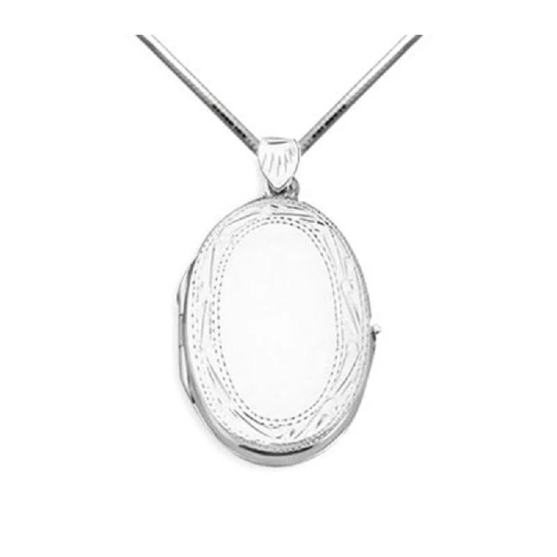 birthday gift necklaces for women -Locket Necklace Oval Flat Etched Floral Sterling Silver with Square Snake Chain