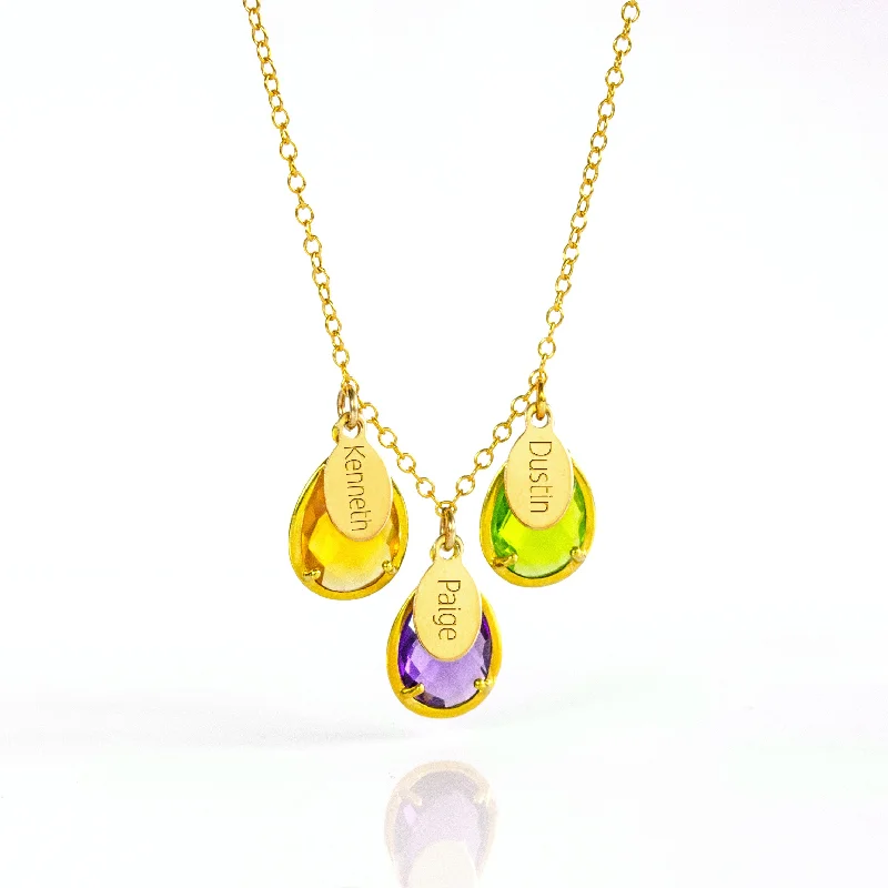 crystal drop necklaces for women -Half Bezel Teardrop Birthstone Necklace with Name Charms