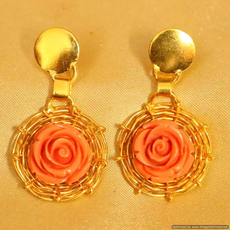 modern earrings for women -Rose Carved Semi PreciousCoral Stone Earrings