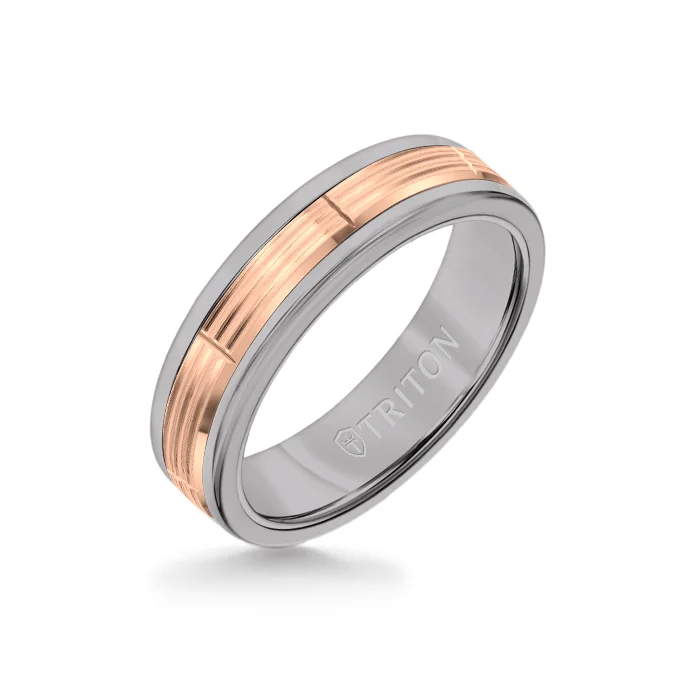 bridal rings for women -6MM Grey Tungsten Carbide Ring - Serrated Vertical Cut 14K Rose Gold Insert with Round Edge