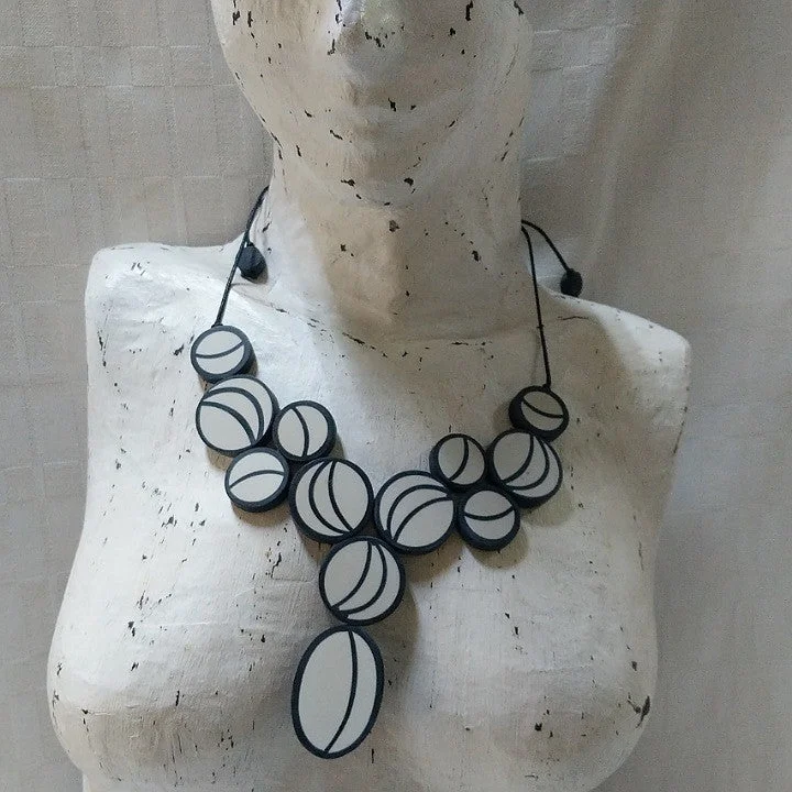 delicate necklaces for women -NECKLACE BLACK GREY CIRCLES ON CORD