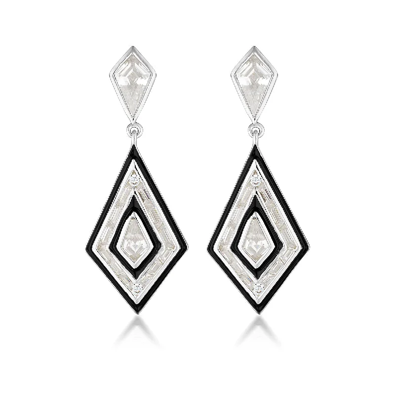 chandelier earrings for women -GEORGINI REFLECTION ART DECO EARRINGS SILVER & BLACK ENAMEL