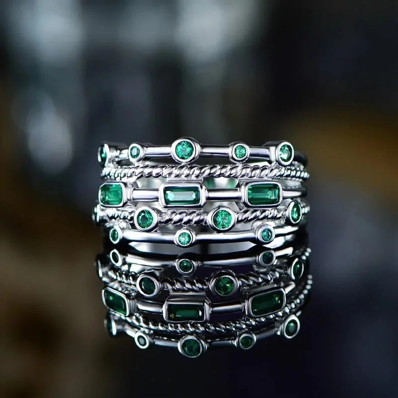 silver stacking rings -Blue/Green Elegant Cubic Zirconia Ring