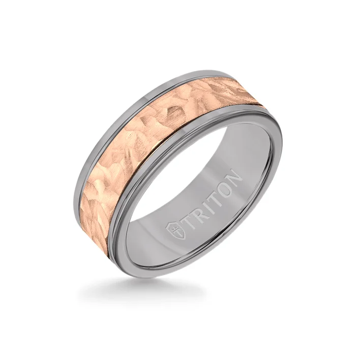 birthstone rings for women -8MM Grey Tungsten Carbide Ring - Hammered 14K Rose Gold Insert with Round Edge