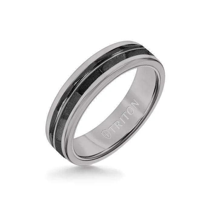 custom wedding bands -6MM Grey Tungsten Carbide Ring - Chevron Black Titanium Insert with Round Edge