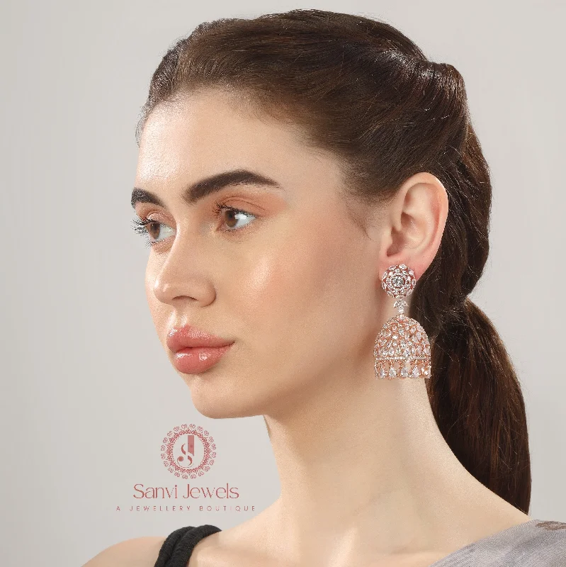 modern hoop earrings for women -Rose Gold Finish Signity Studded Jhumka's