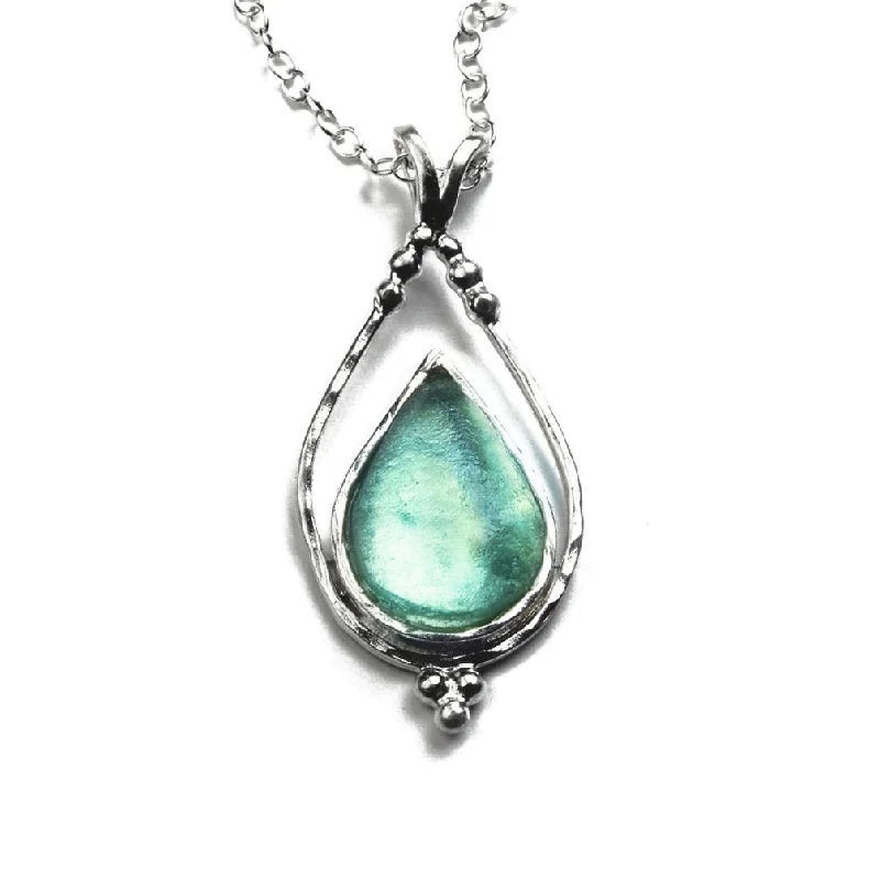 bohemian style necklaces for women -Ancient Roman Glass Necklace with Teardrop Shape Sterling Silver