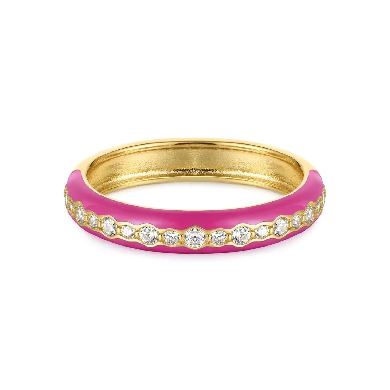 gemstone wedding rings -Thin Pink Enamel & Cz Channel Ring