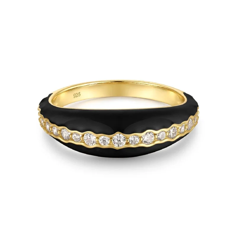 platinum rings for women -Tapered Black Enamel & Cz Channel Ring