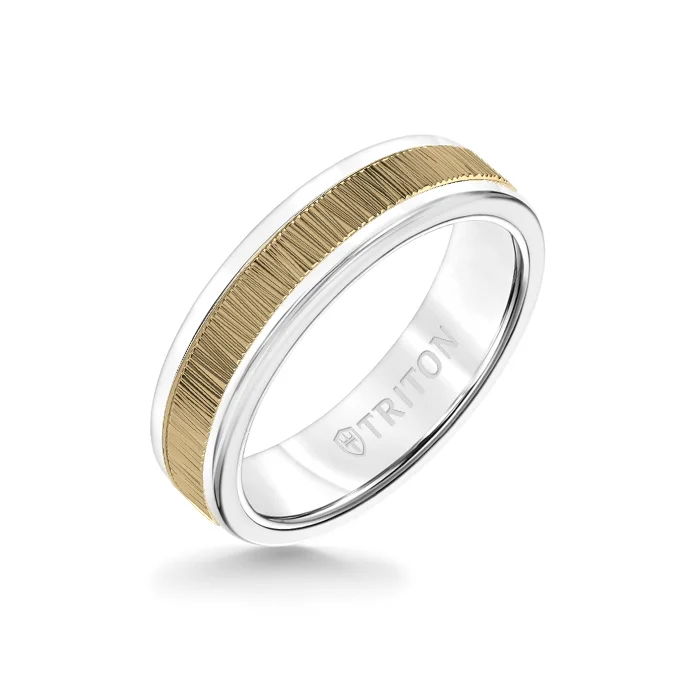 luxury rings for women -6MM White Tungsten Carbide Ring – Vertical Geometric 14K Yellow Gold Insert with Round Edge