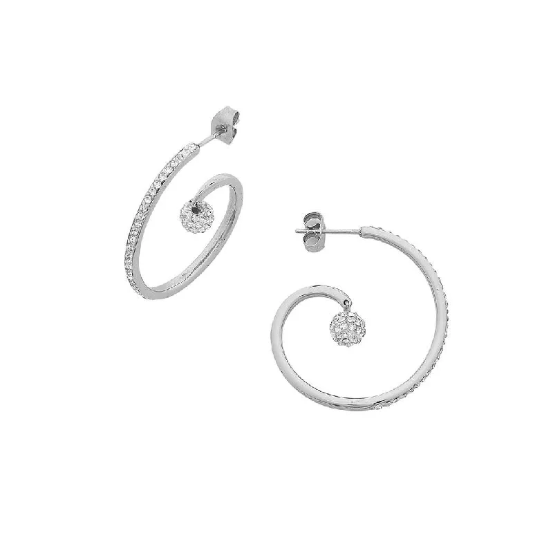 geometric earrings for women -White Stainless Steel Open Swirl and Crystal Pave Ball Hoop Earring