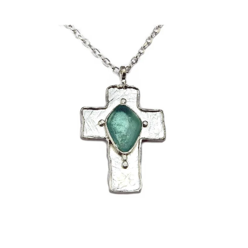 vintage crystal necklaces for women -Ancient Roman Glass Cross Necklace Sterling Silver with 18-inch Chain