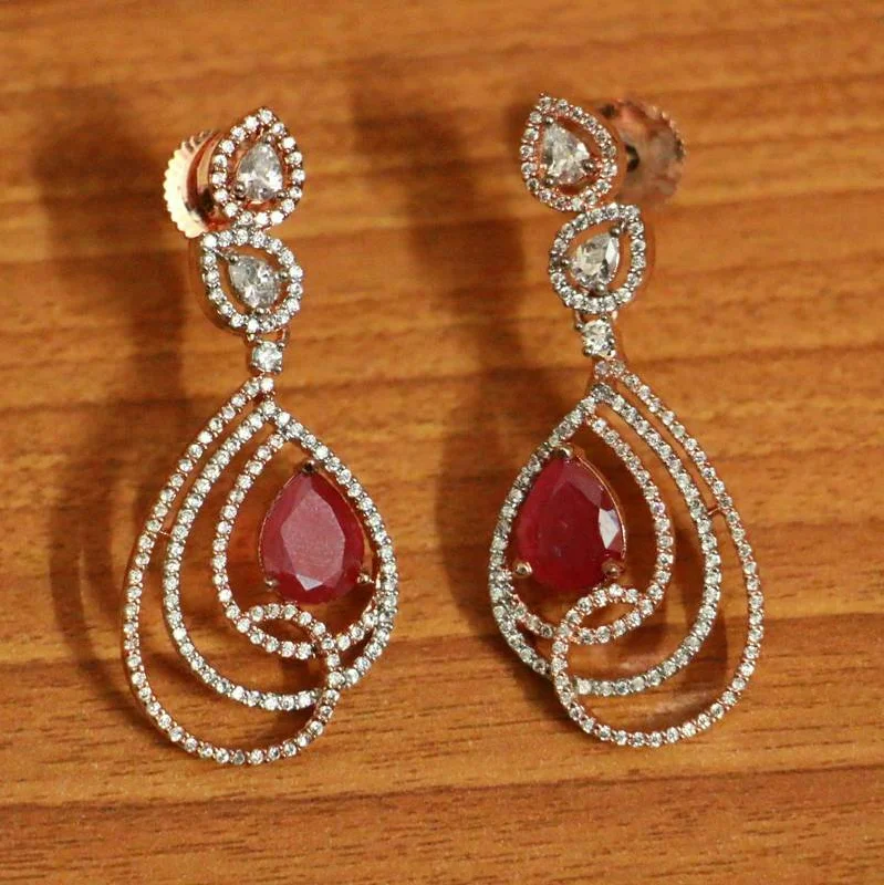 chic silver earrings for women -Rose Gold Diamond Look Ruby Danglers