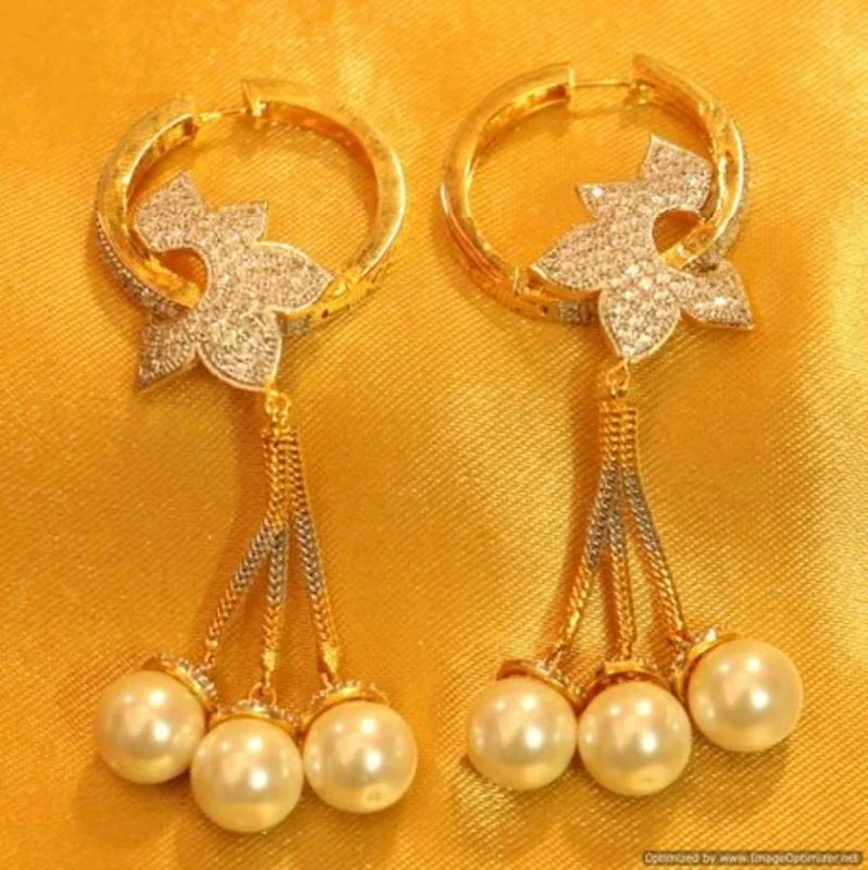 handmade earrings for women -Gold Plated Leaf Pattern Pearl Baali