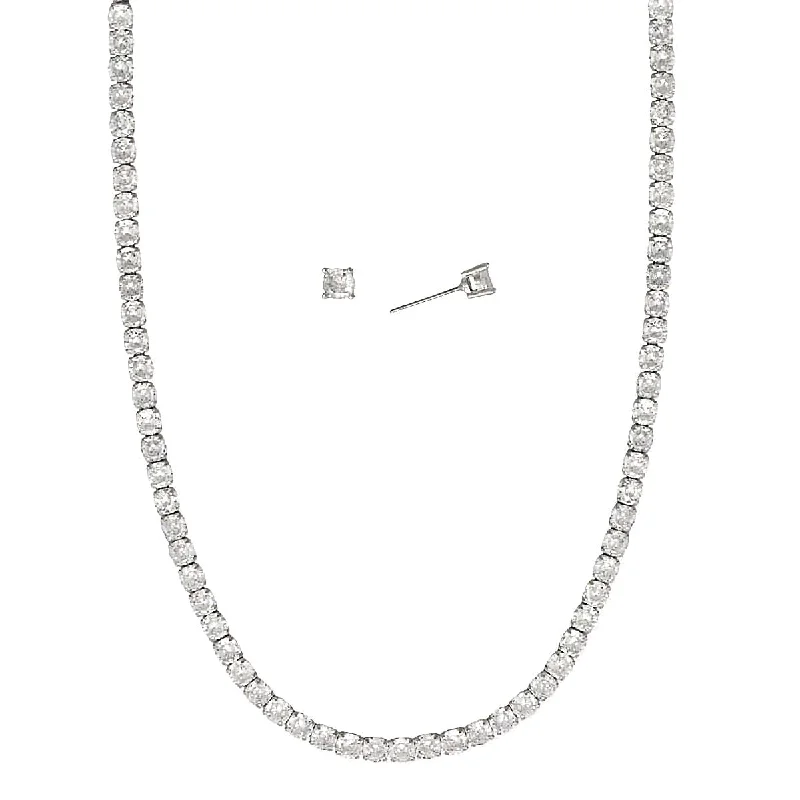 double chain necklaces for women -Cubic Zirconia Fashion Necklace and Stud Earring Set Silver Tone