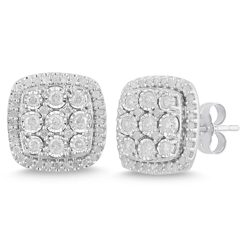 gold earrings for women -Miracle Halo Square Stud Earrings with 1.00ct of Diamonds in Sterling Silver