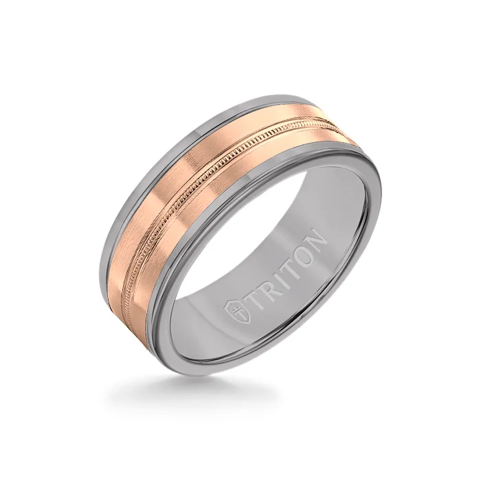 elegant engagement rings -8MM Grey Tungsten Carbide Ring - Center Milgrain 14K Rose Gold Insert with Round Edge