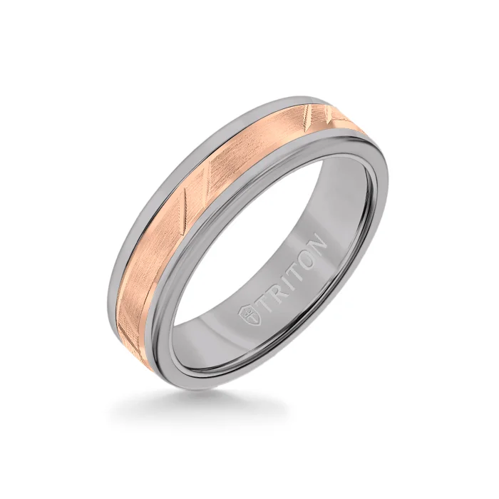 pearl engagement rings -6MM Grey Tungsten Carbide Ring - Bevel Diagonal Cut 14K Rose Gold Insert with Round Edge