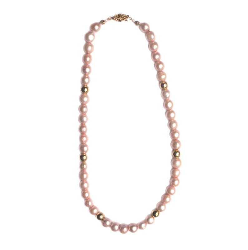 luxurious necklaces for women -9mm Pink Cultured Freshwater Pearl Necklace Gold-plated Beads - 16 inches