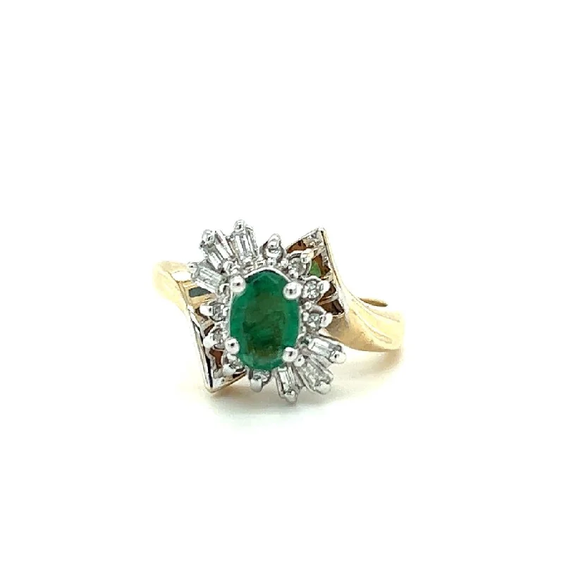 vintage rings for brides -Estate 14K Two Tone Gold Oval Emerald & Diamond Halo Bypass Ring