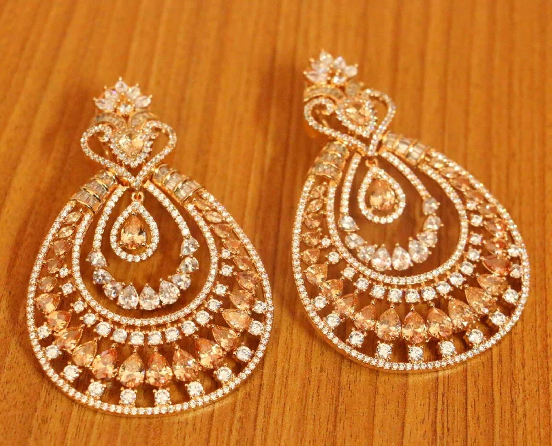 classic gold earrings for women -Champagne Colour Diamond Look Rose Gold Danglers