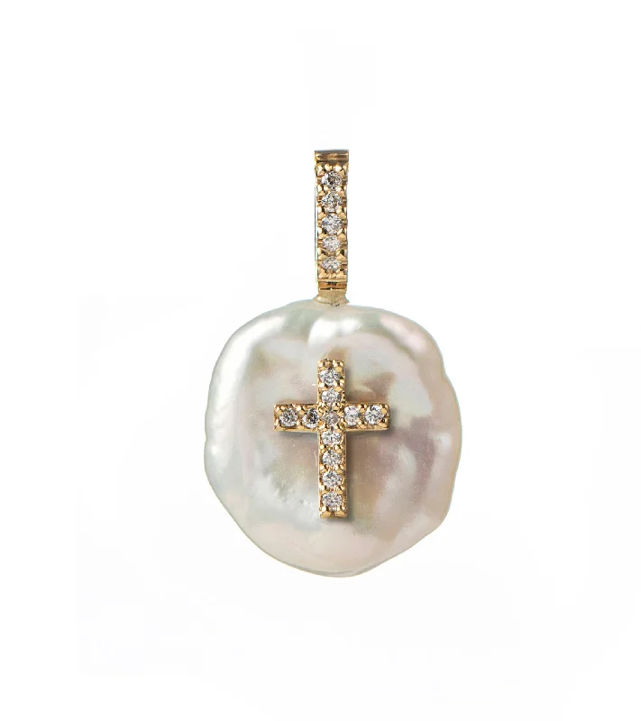 long pendant necklaces for women -Diamond Cross Petal 18K Gold Charm Necklace w. Pearl