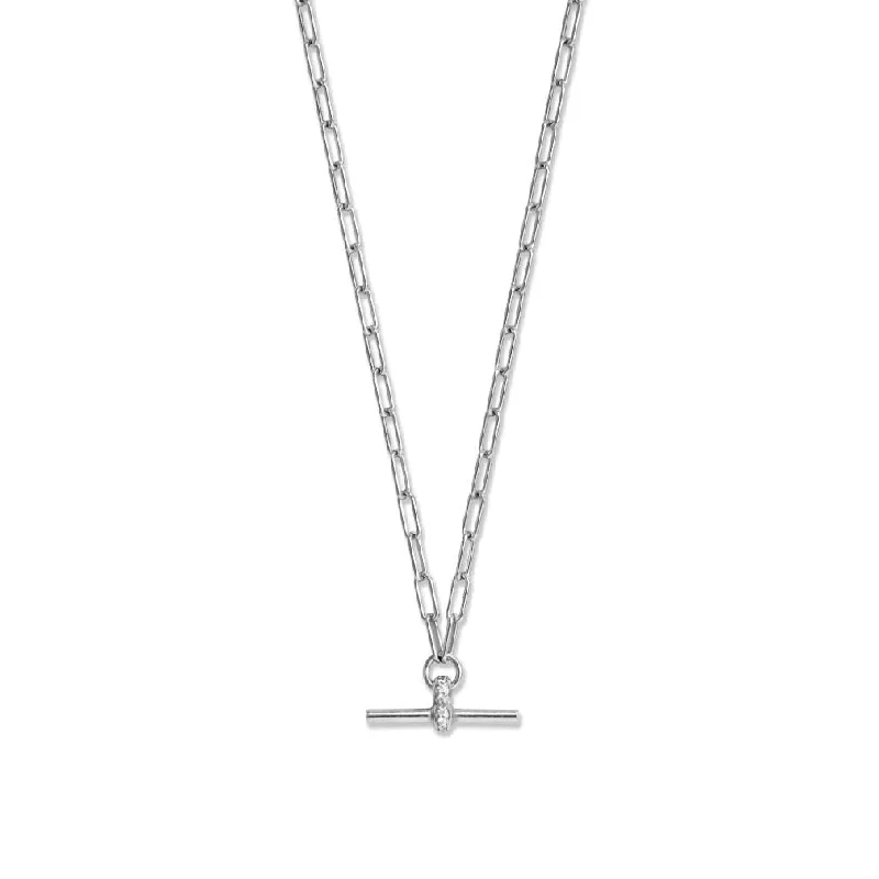 crystal drop necklaces for women -Paper Clip Chain Necklace with Toggle Bar Pendant Cubic Zirconia Rhodium on Sterling Silver