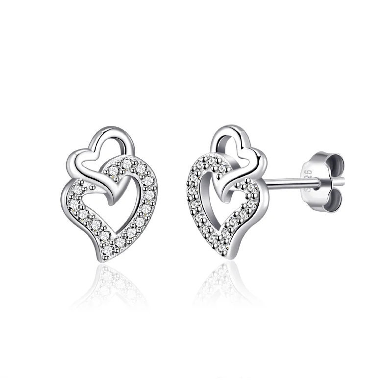 romantic earrings for women -Sterling Silver Double Heart Earrings Created with Zircondia® Crystals