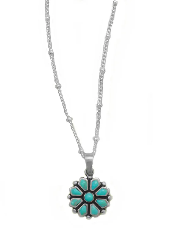 choker necklaces for women -Turquoise Flower Necklace with Satellite Chain Sterling Silver, 20-inch