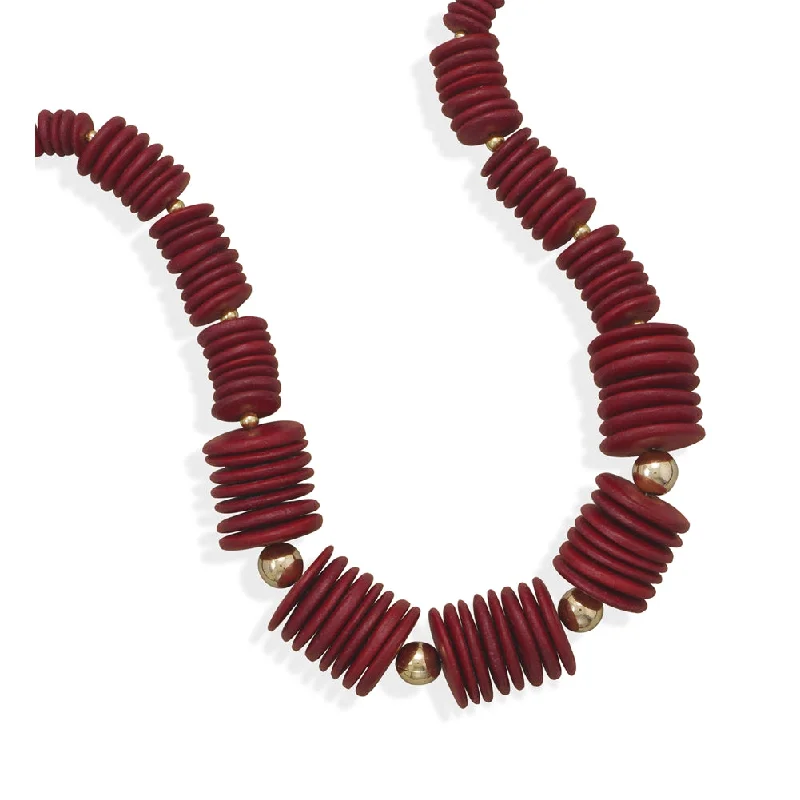 vintage-style necklaces for women -Red Coco Wood Bead and Gold Fashion Necklace 18 inches