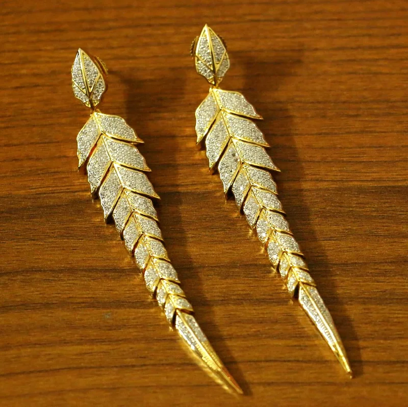 geometric earrings for women -Diamond Look Leaf Pattern Gold plated Danglers