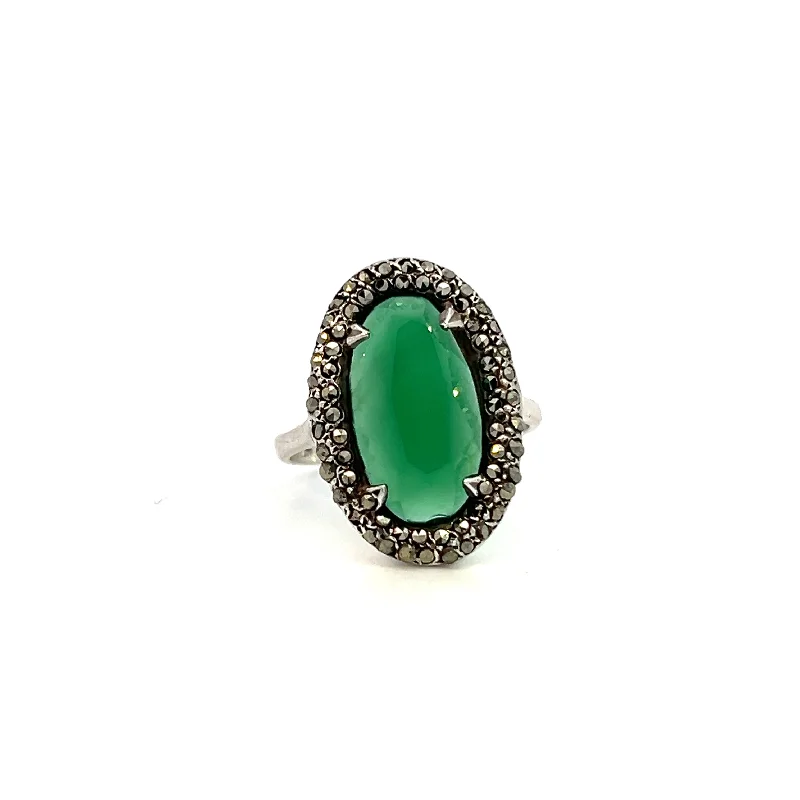 stackable rings for women -Estate Sterling Silver Oval Green Chrysoprase & Marcasite Halo Ring