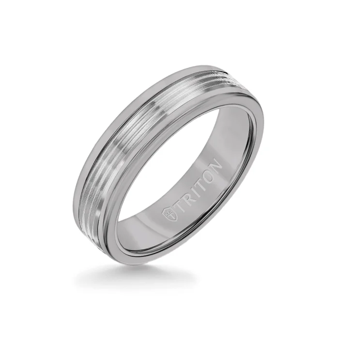 custom promise rings -6MM Grey Tungsten Carbide Ring - Serrated Engraved 14K White Gold Insert with Round Edge